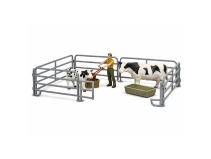 Farmář s křovinořezem a strakatá kráva s telátkem - ZooLandia