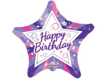 Fóliový balónek hvězda 46 cm fialový Happy Birthday