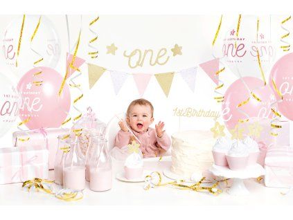 Kompletní party set prvvní narozeniny 1st Birthday - Růžový a zlatý