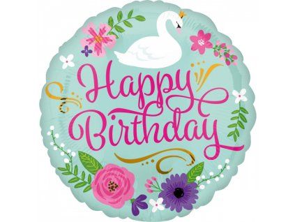 Fóliový balónek kulatý 43cm Happy Birthday Květiny a Labuť