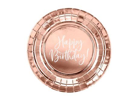 Papírové talířky - Happy birthday- rosegold , 6 ks, 18 cm