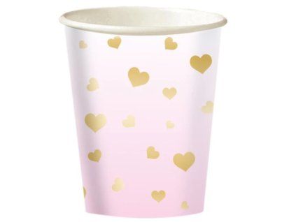 Kelímky Ombre růžový a zlatá srdíčka 8ks 250ml