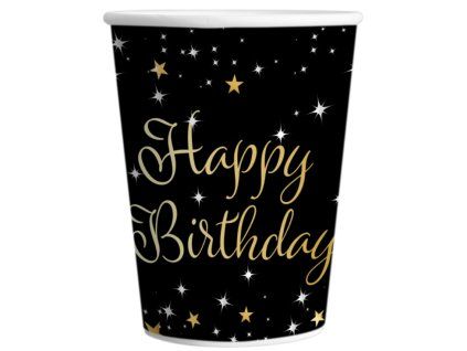 Kelímky papírové Happy Birthday černé se zlatou 8ks 220ml