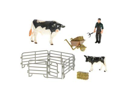 ZooLandia Farmář s vidlemi a černobílá kráva s telátkem