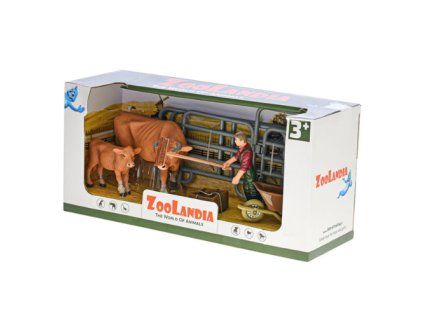 ZooLandia Farmář s koštětem  a hnědá kráva s telátkem