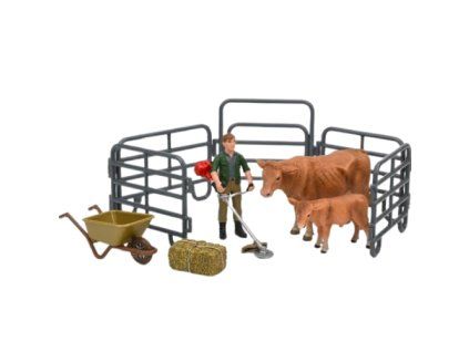 Farmár s krovinorezom a hnedá krava s teliatkom - ZooLandia