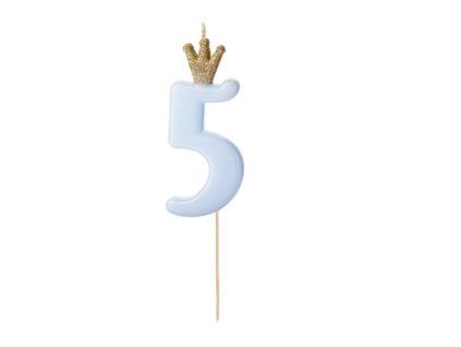 Svíčka dortová číslo 5 s korunkou světle modrá