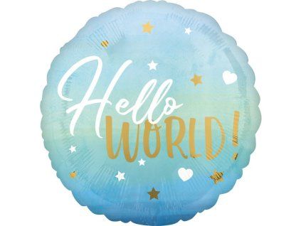 Fóliový balónek kulatý Hello world! modrý 43 cm