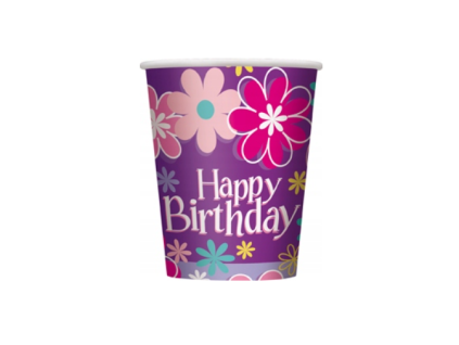 Party kelímky Happy Birthday květy 270 ml 8 ks