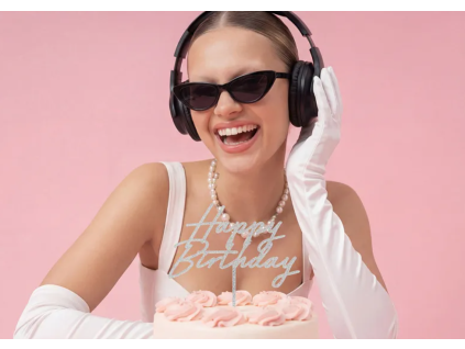 Zápich do dortu Happy Birthday, stříbrný třpytivý